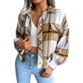 thumbnail image 1 of Defitshape Women's Long Sleeve Plaid Shirt Jacket Soft Flannel Fall Crop Top Vintage Fashion Casual Loose Short Button Down Shacket Khaki X-Large, 1 of 5