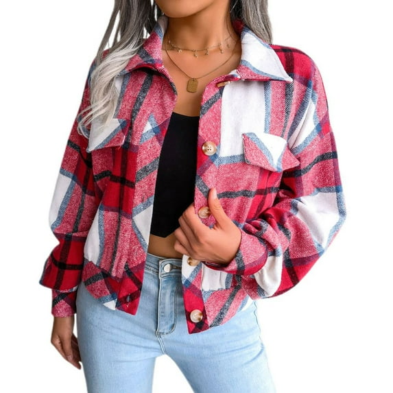 Defitshape Women's Long Sleeve Plaid Shirt Jacket Soft Flannel Fall Crop Top Vintage Fashion Casual Loose Short Button Down Shacket Red Small