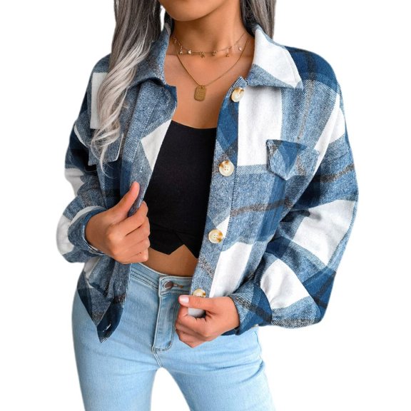 Defitshape Women's Long Sleeve Plaid Shirt Jacket Soft Flannel Fall Crop Top Vintage Fashion Casual Loose Short Button Down Shacket Royal Blue Small