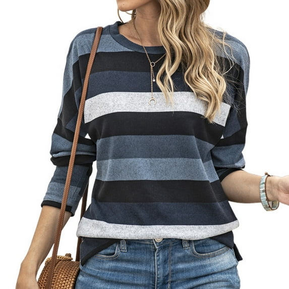 Defitshape Women's Long Sleeve Plus Size Crew Neck Pullover Tops Sweatshirt Striped Casual Tunic Grey XX-Large