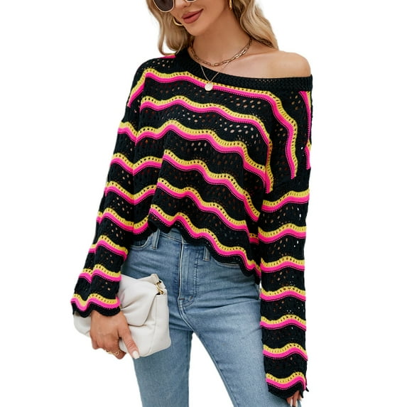 Defitshape Women's Long Sleeve Pullover Sweater Knit Cropped Top Short Soft Bell Sleeve Cozy Crewneck Fashion Knitwear Black Medium
