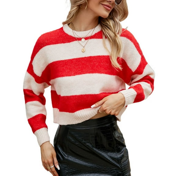 Defitshape Women's Long Sleeve Pullover Sweaters Striped Knit Warm Chunky Short Crewneck Loose Fit Crop Cropped Sweater Red 8-10