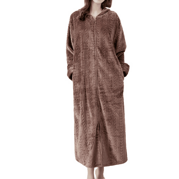 Defitshape Women's Long Sleeve Robe Ladies Baggy Long Hooded Zipper Fuzzy Fleece Bathrobe Family Lounging Zipper Soft Plush Housecoat Winter Warm Fluffy Maxi Duster Robe Coffee Large