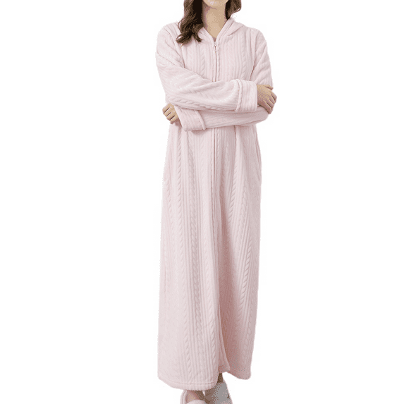 Defitshape Women's Long Sleeve Robe Ladies Baggy Long Hooded Zipper Fuzzy Fleece Bathrobe Family Lounging Zipper Soft Plush Housecoat Winter Warm Fluffy Maxi Duster Robe Pink Large