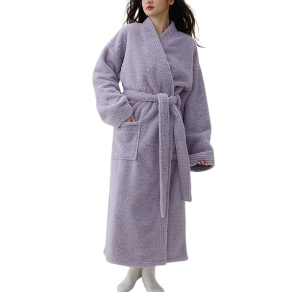 Defitshape Women's Long Sleeve Robe Soft Fuzzy Bathrobe Warm Fleece Winter Long House Sleeping Pocket Sleepwear Purple X-Large