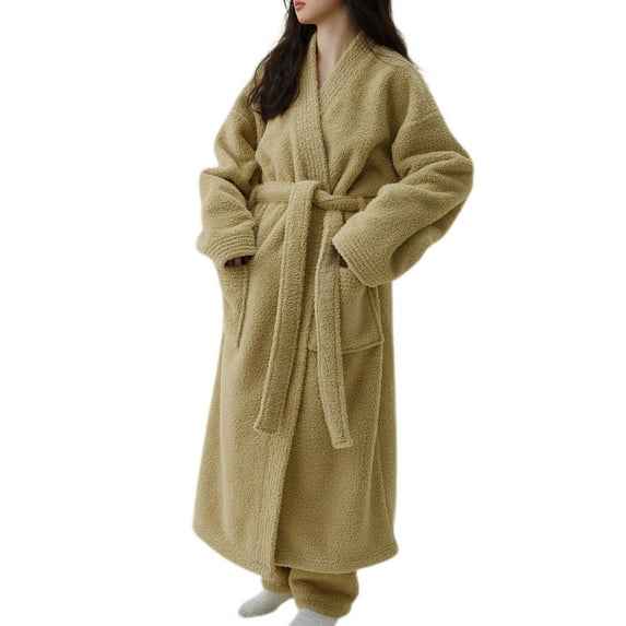 Defitshape Women's Long Sleeve Robe Soft Fuzzy Bathrobe Warm Fleece Winter Long House Sleeping Pocket Sleepwear Yellow X-Large