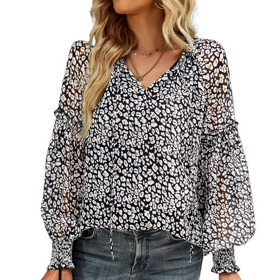 Defitshape Women's Long Sleeve Shirt Boho Blouse V Neck Ruffle Summer Drop Shoulder Fashion Loose Fit Peasant Blouse Shirt Black X-Large