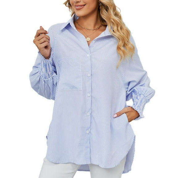 Defitshape Women's Long Sleeve Shirt Soft Stripe Blouse Top Boyfriend Work Bishop Sleeve Button Down Shirts Blue Large