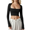 thumbnail image 1 of Defitshape Women's Long Sleeve Shirts Crop Top Sexy Top Fall Crop Fitted Tight Basic Yoga Soft Summer Casual Cropped Black Medium, 1 of 1