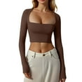 thumbnail image 1 of Defitshape Women's Long Sleeve Shirts Crop Top Sexy Top Fall Crop Fitted Tight Basic Yoga Soft Summer Casual Cropped Brown X-Large, 1 of 1