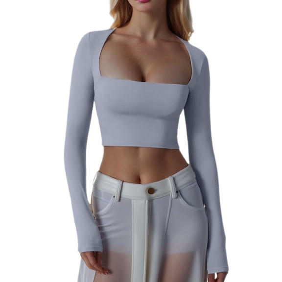 Defitshape Women's Long Sleeve Shirts Crop Top Sexy Top Fall Crop Fitted Tight Basic Yoga Soft Summer Casual Cropped Light Blue X-Large