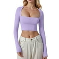 thumbnail image 1 of Defitshape Women's Long Sleeve Shirts Crop Top Sexy Top Fall Crop Fitted Tight Basic Yoga Soft Summer Casual Cropped Purple Large, 1 of 1