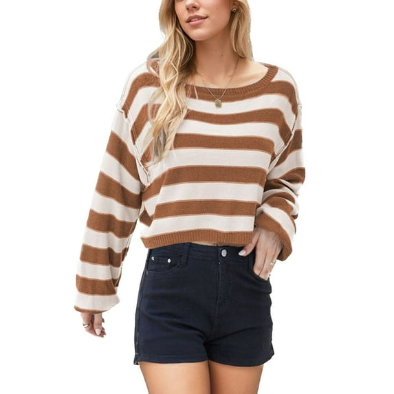Defitshape Women's Long Sleeve Striped Sweater One Shoulder Loose Fit Knit Oversized Fashion Knitted Crop Top Casual Fall Baggy Short Pullover Sweater Coffee Large