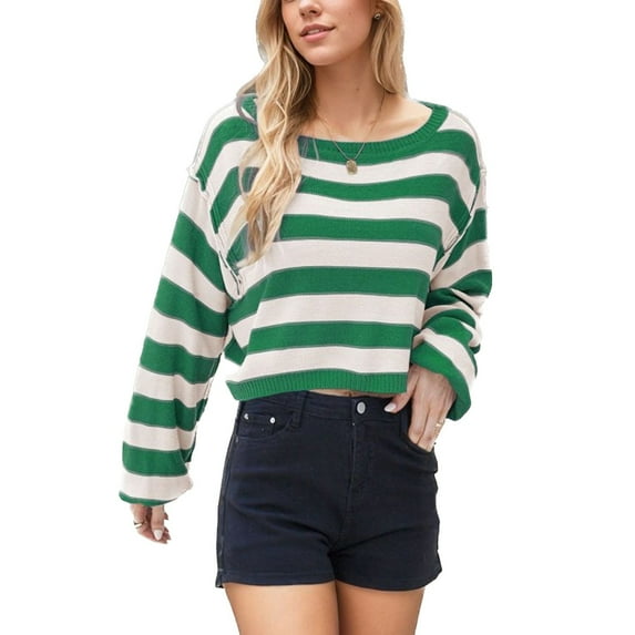 Defitshape Women's Long Sleeve Striped Sweater One Shoulder Loose Fit Knit Oversized Fashion Knitted Crop Top Casual Fall Baggy Short Pullover Sweater Green X-Large