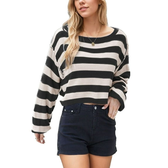 Defitshape Women's Long Sleeve Striped Sweater One Shoulder Loose Fit Knit Oversized Fashion Knitted Crop Top Casual Fall Baggy Short Pullover Sweater Black Medium