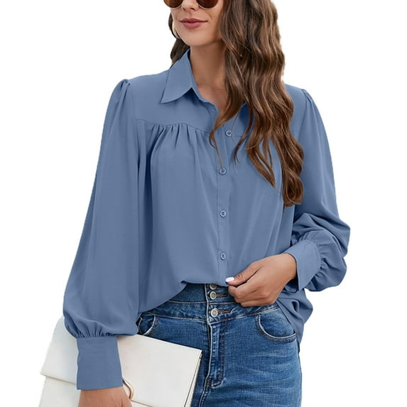 Defitshape Women's Long Sleeve Top Button Down Shirt Fashion Casual Fall Long Puff Sleeve Chiffon Soft Bishop Sleeve Blouse Grey Blue XX-Large