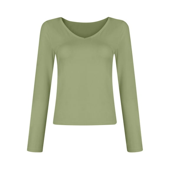 Defitshape Women's Long Sleeve Top Fall Shirt Soft Spandex V Neck Tight Summer Spring Stretch Comfy Fitted Blouse Light Green XX-Large