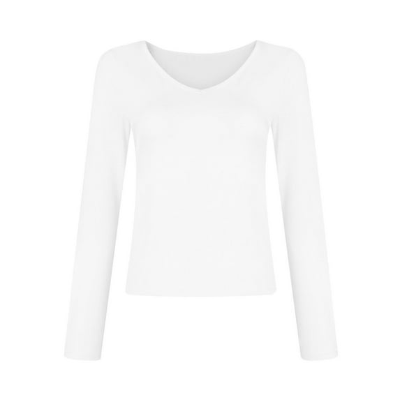 Defitshape Women's Long Sleeve Top Fall Shirt Soft Spandex V Neck Tight Summer Spring Stretch Comfy Fitted Blouse White Small