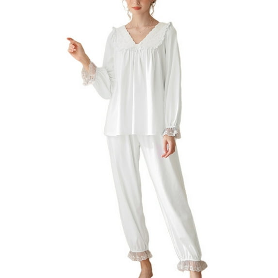 Defitshape Women's Long Sleeve Victorian Pajama Set Ladies 2 Piece Soft Lace Cotton Pjs Fall Vintage Frilly Billowy Princess Lounge Set Ruffle V Neck Sleep Shirt Pants Set Sleepwear White Medium