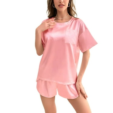 Defitshape Women's Luxury Silky Satin Pajama Set Short Sleeve 2 Piece Short Silky High Waisted Comfy Casual Cool Loose Pjs Pink Small