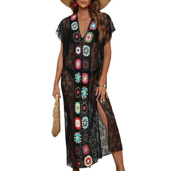 Defitshape Women's Mesh Cover Up Sheer Dress Cover Up Knit Lace Long Short Sleeve Thin Trendy Hollow Out Beachwear Black Small-X-Large