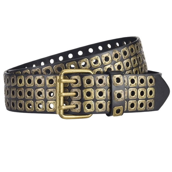 Defitshape Women's Metal Adjustable Grommet Belts Faux Leather Belt Steampunk Fashion Buckle Cyberpunk Groove Belt Black Gold X-Small-Large