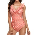 thumbnail image 1 of Defitshape Women's One Piece Bathing Suit Ruffle V Neck Shirred Swimwear Spaghetti Strap Print Slimming Swim Suit Ruched Tummy Control Monokini Flounce Pink Polka Dots X-Large, 1 of 5