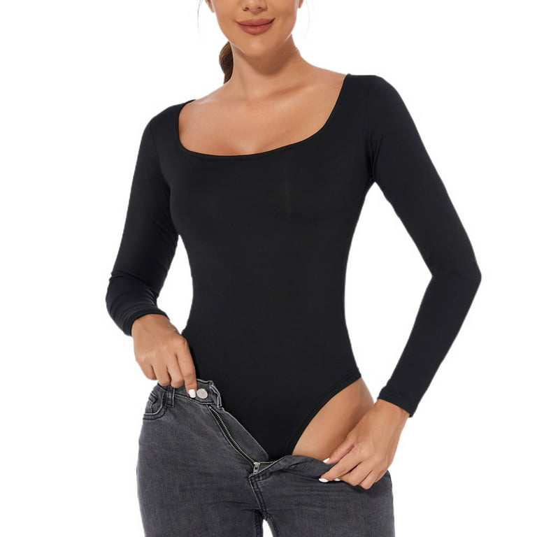 Defitshape Women's One Piece Leotard Long Sleeve Bodysuit Slimming Fall  Fitted Cotton Casual Jumpers And Rompers Black Medium 