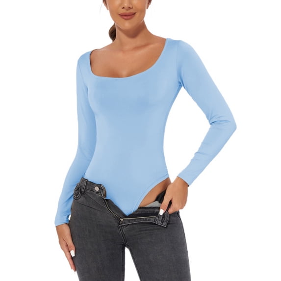 Defitshape Women's One Piece Leotard Long Sleeve Bodysuit Slimming Fall Fitted Cotton Casual Jumpers And Rompers Blue 3X-Large