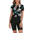 thumbnail image 1 of Defitshape Women's One Piece Rashguard Swimsuit Short Sleeve Zipper Bathing Suit w/ Shorts Padded Uv Protection Wetsuit Sport Surfing Scuba Modest Swimwear Style6 6, 1 of 5
