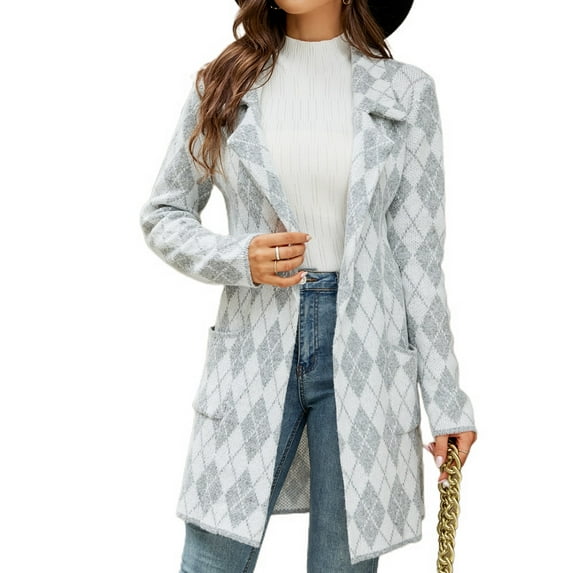 Defitshape Women's Open Front Cardigan Sweater Plaid/ Stripe/ Houndstooth Long Sleeve Coat Printed Style1 Small