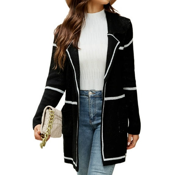 Defitshape Women's Open Front Cardigan Sweater Plaid/ Stripe/ Houndstooth Long Sleeve Coat Printed Style2 Medium