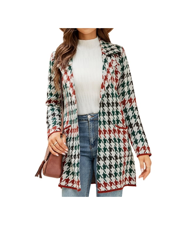Women's Open Front Cardigan Sweater Plaid/ Stripe/ Houndstooth Long Sleeve Coat Printed Style3 Medium