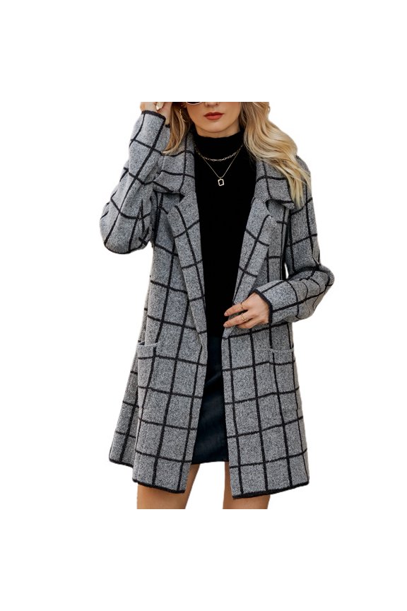Women's Open Front Cardigan Sweater Plaid/ Stripe/ Houndstooth Long Sleeve Coat Printed Style4 Small