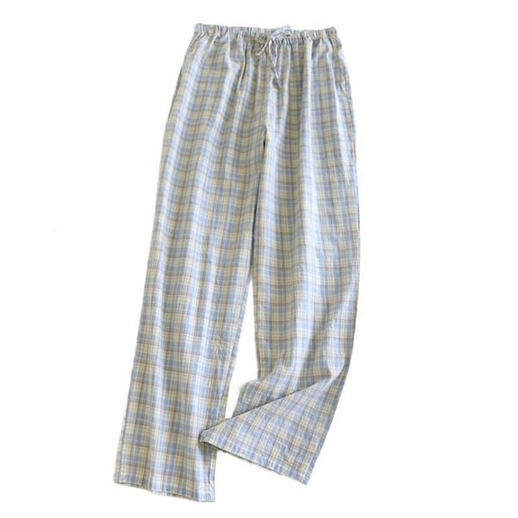 Defitshape Women's Pajama Bottoms Cotton Plaid Printed Lounge Pants Jammie Pants Full Cotton Classic Basic Medium Waist Sleeping Pocket Blue Large