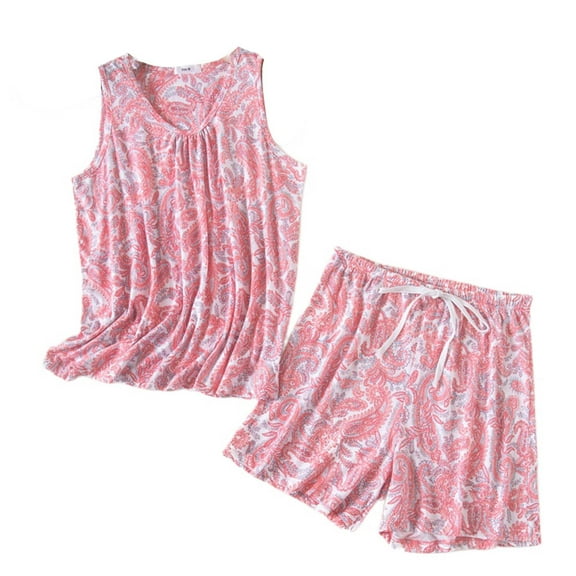 Defitshape Women's Pajamas Set Cotton Printed Pjs Short 2 Piece Cartoon Shorts Comfy Lightweight Sleeveless Drawstring Summer Lounge Set Style10 XX-Large