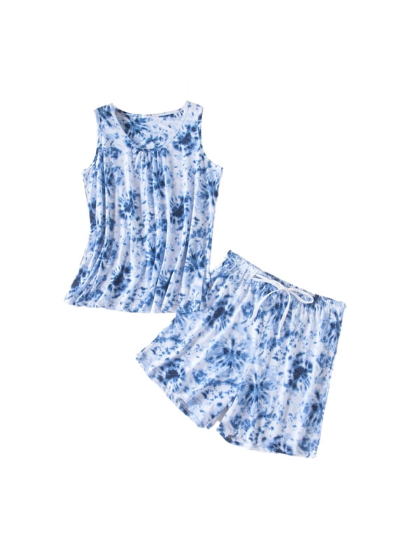 Women's Pajamas Set Cotton Printed Pjs Short 2 Piece Cartoon Shorts Comfy Lightweight Sleeveless Drawstring Summer Lounge Set Style12 XX-Large