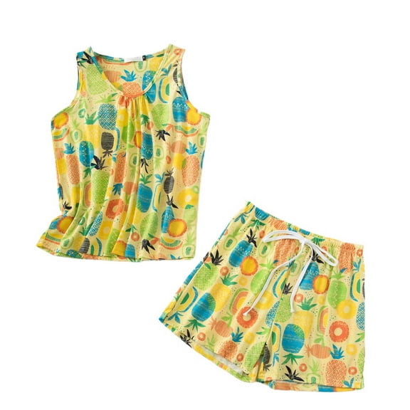 Defitshape Women's Pajamas Set Cotton Printed Pjs Short 2 Piece Cartoon Shorts Comfy Lightweight Sleeveless Drawstring Summer Lounge Set Style4 Medium