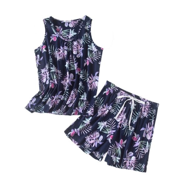 Defitshape Women's Pajamas Set Cotton Printed Pjs Short 2 Piece Cartoon Shorts Comfy Lightweight Sleeveless Drawstring Summer Lounge Set Style11 Medium