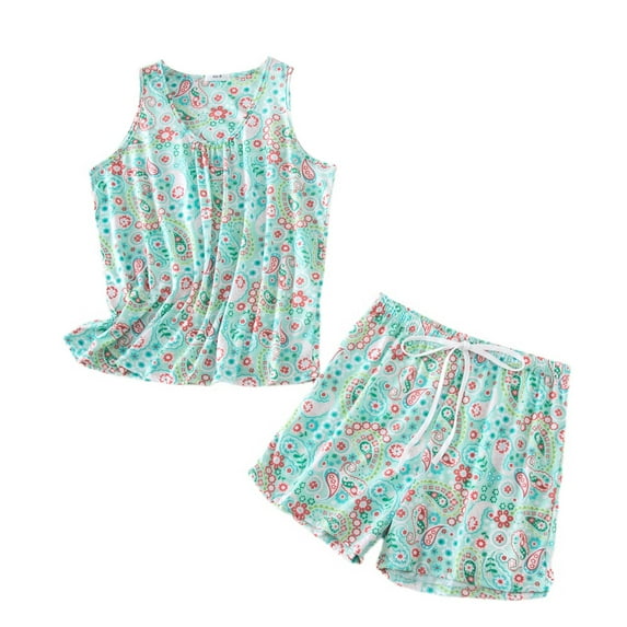 Defitshape Women's Pajamas Set Cotton Printed Pjs Short 2 Piece Cartoon Shorts Comfy Lightweight Sleeveless Drawstring Summer Lounge Set Style5 Medium