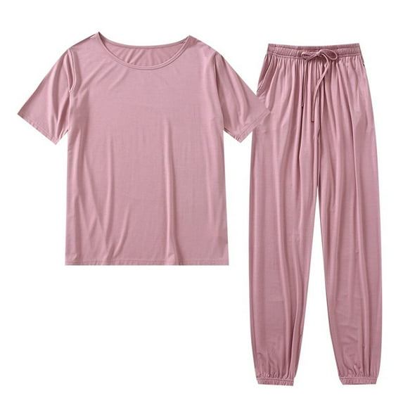 Defitshape Women's Pant Pajama Set Comfy 2 Piece Short Sleeve Thin Casual Spandex Spring Sleepwear Pjs Dark Pink Large