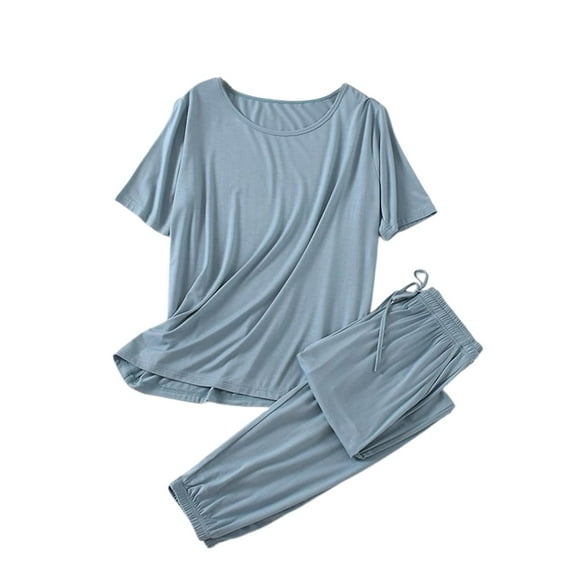 Defitshape Women's Pant Pajama Set Comfy 2 Piece Short Sleeve Thin Casual Spandex Spring Sleepwear Pjs Light Blue Large