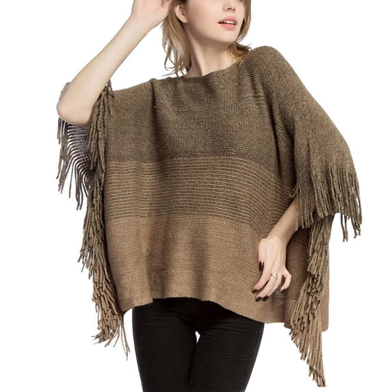 Defitshape Women's Pashmina Shawls & Wraps Warm Cape Sweater Fall Poncho Crewneck 3/4 Sleeve Loose Soft Knit Pullover Sweaters Khaki One Size