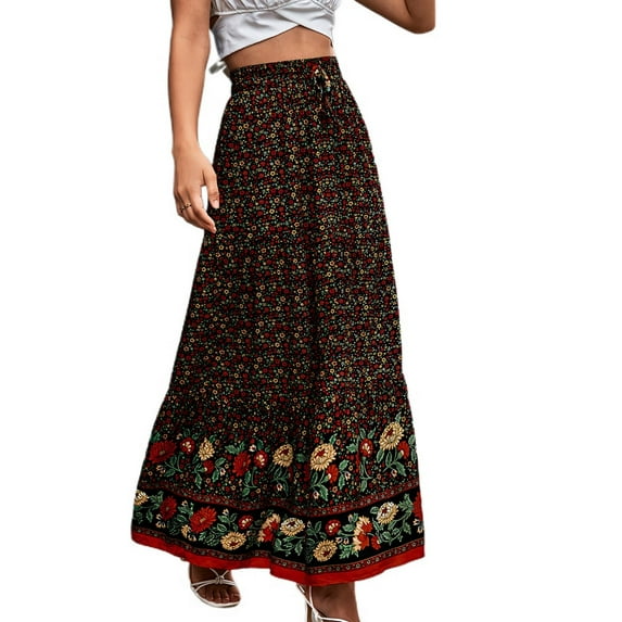 Defitshape Women's Pleated Skirt Beach Long Ankle Length High Waist Boho Vintage Elastic Waist Stretch Flowy Black 4-6