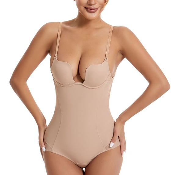 Defitshape Women's Plunge Backless Bodysuit Shapewear Sheer Pad Top Mesh Sleeveless Deep V Neck Spaghetti Strap Padded Body Shaper Nude Large