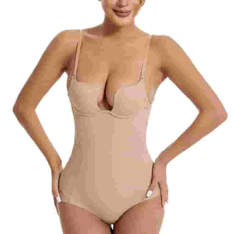 Defitshape Women's Plunge Backless Bodysuit Shapewear Sheer Pad