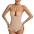 thumbnail image 1 of Defitshape Women's Plunge Backless Bodysuit Shapewear Sheer Pad Top Mesh Sleeveless Deep V Neck Spaghetti Strap Padded Body Shaper Nude X-Small, 1 of 4