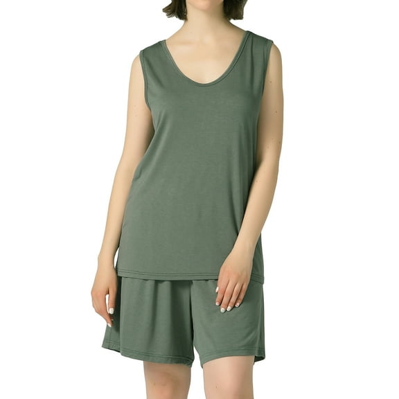 Defitshape Women's Plus Size Lounge Set 2 Piece Pajama Set Pj Cotton Loungewear Soft Plus Size Sleepwear Shorts Sleeveless Pjays Nightwear Fitted Sleep Casual Lounge Plain Tank Scoop Neck Green 1X