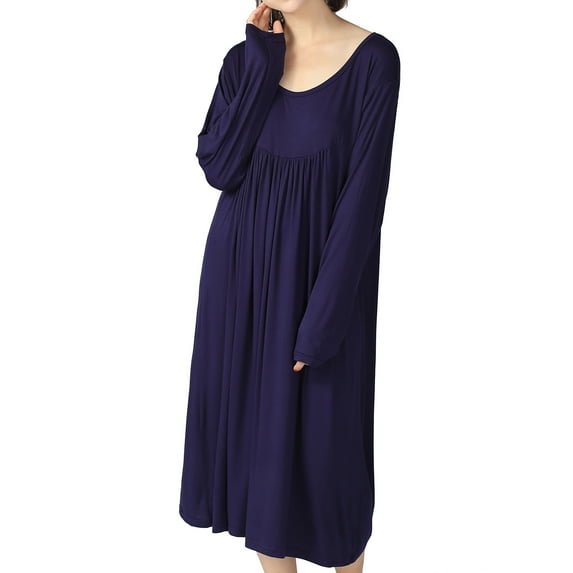 Defitshape Women's Plus Size Nightgown Cotton Long Sleeve Sleepwear Pajama Night Dress Soft Comfy Knee Length Pleated Stretchy Sleep Gown Navy 5X