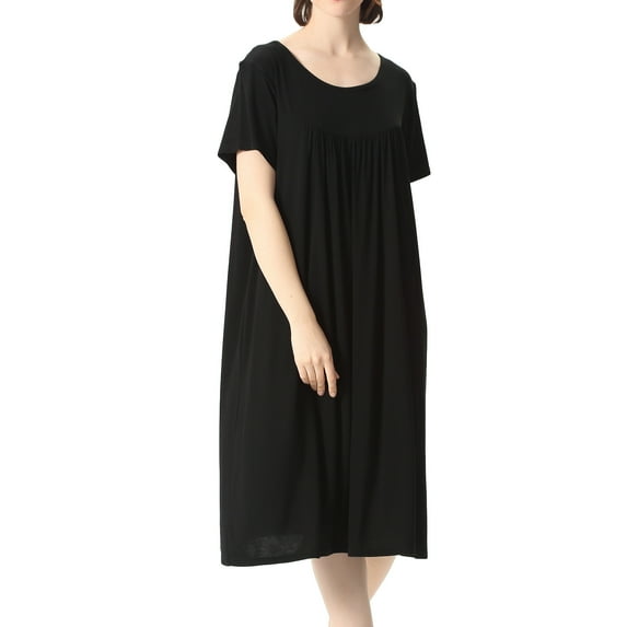 Defitshape Women's Plus Size Nightgown Cotton Short Sleeve Sleepwear Summer Pajama Dress Knee Length Nightwear Shirred House Pj Sleep Lounge Gown Black 4X